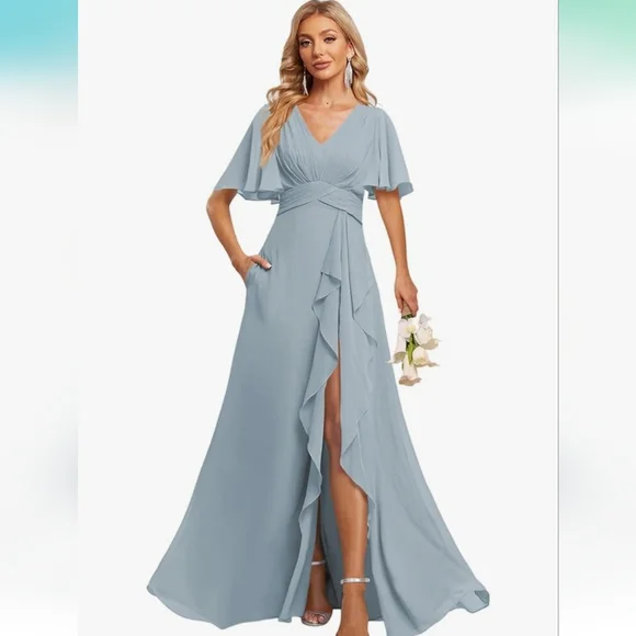 NWOT Deamify dusty blue flutter sleeve bridesmaid dress - Picture 3 of 7